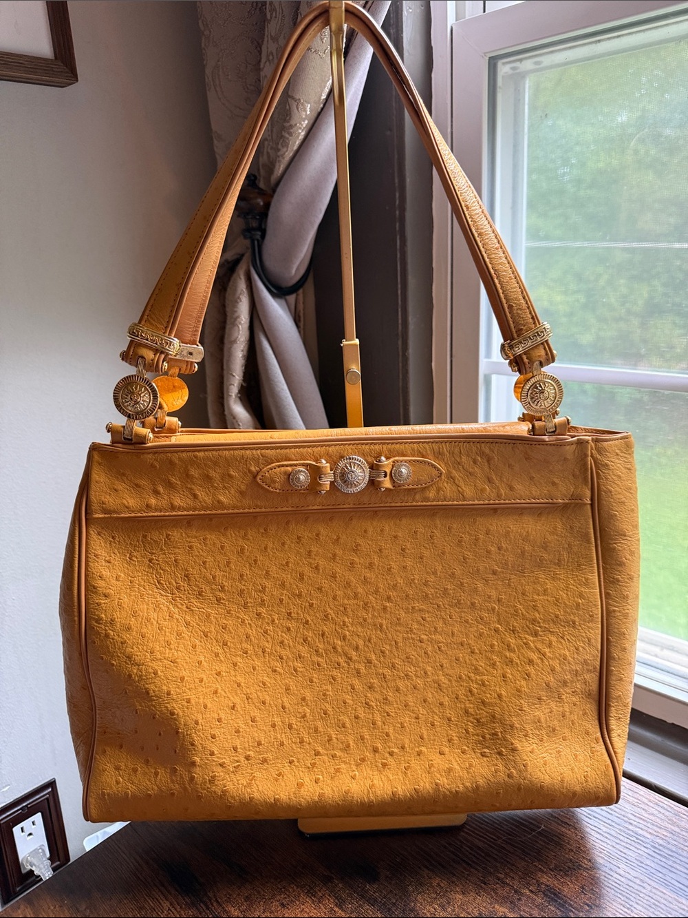 Versace Ostrich-Leather Shoulder Bag with Gold Hardware